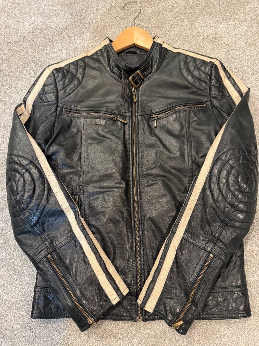 Fita Men Genuine Leather Café Racer Moto Jacket Black Cream Stripe Sz 46